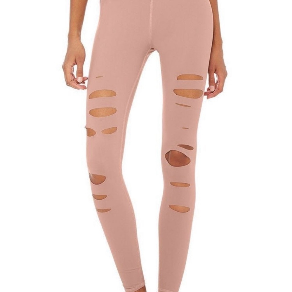 Alo Yoga High-Waist Ripped Warrior Leggings, Smoky Quartz, Size XS